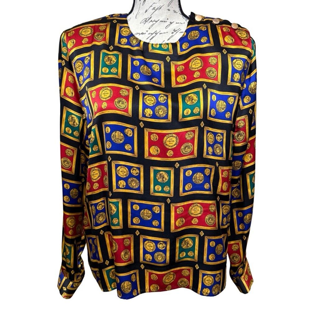 Vintage Talbots Petites Silk Blouse Size 14P Novelty Money Print French Cuffs - Picture 1 of 11